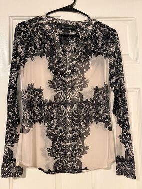 INC International Concepts Cream Long Sleeve Top with Black Lace-Print